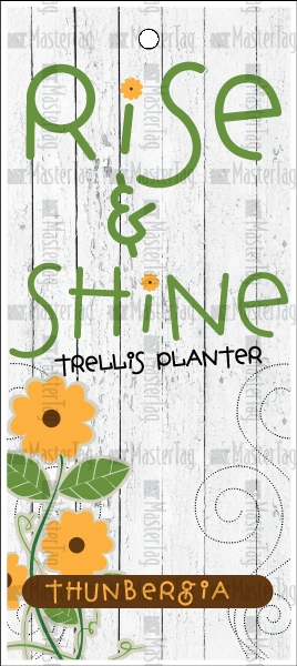 Plant hang tag for growers featuring Thunbergia ‘Rise & Shine’ trellis planter, durable plastic nursery plant tag used for garden center and greenhouse labeling.