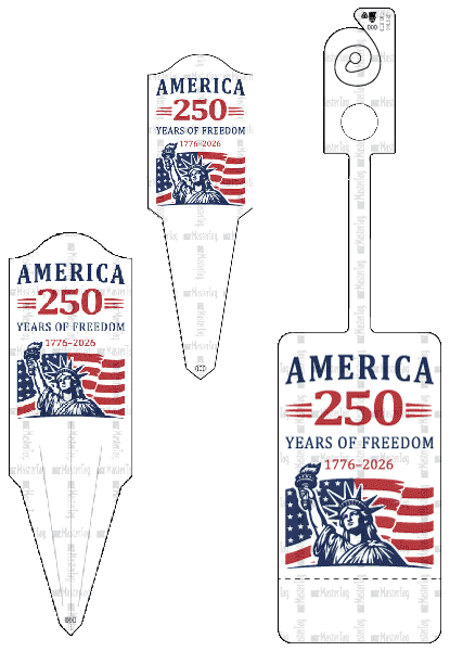 Custom patriotic plant hang tag featuring America 250 Years of Freedom design, durable nursery plant tag for growers, garden centers, and retail plant labeling.