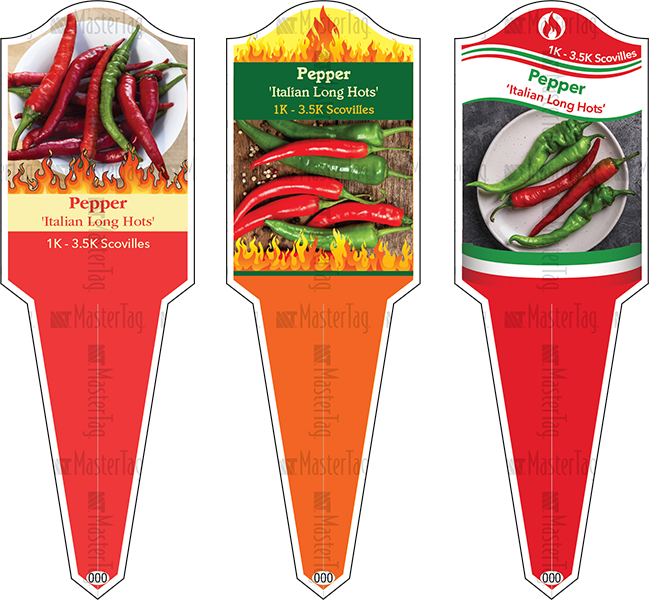 Custom pepper plant hang tags for Italian Long Hot peppers, featuring Scoville heat rating and variety identification, premium nursery plant labels for growers, greenhouses, and garden center vegetable sales.
